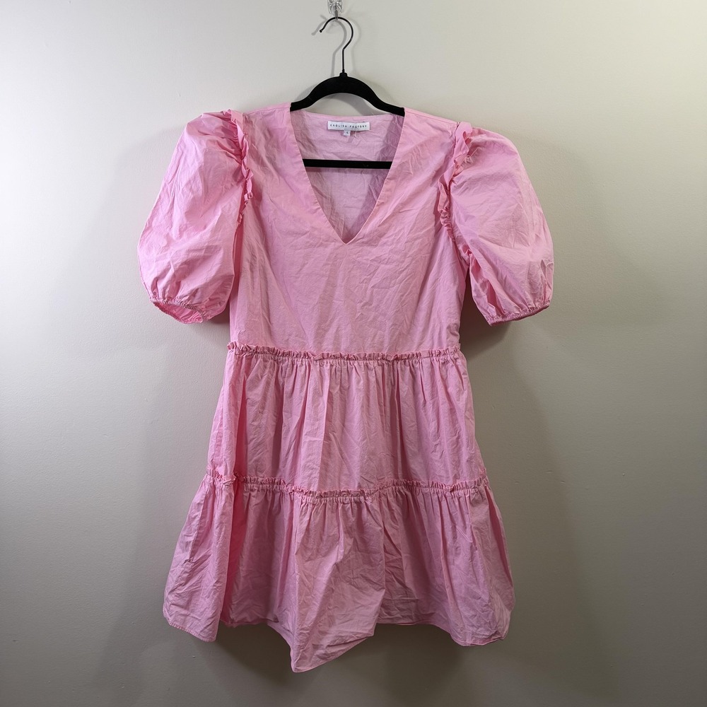 English Factory Dress Womens Large Pink Puff Sleeve Tiered Sundress V Neck